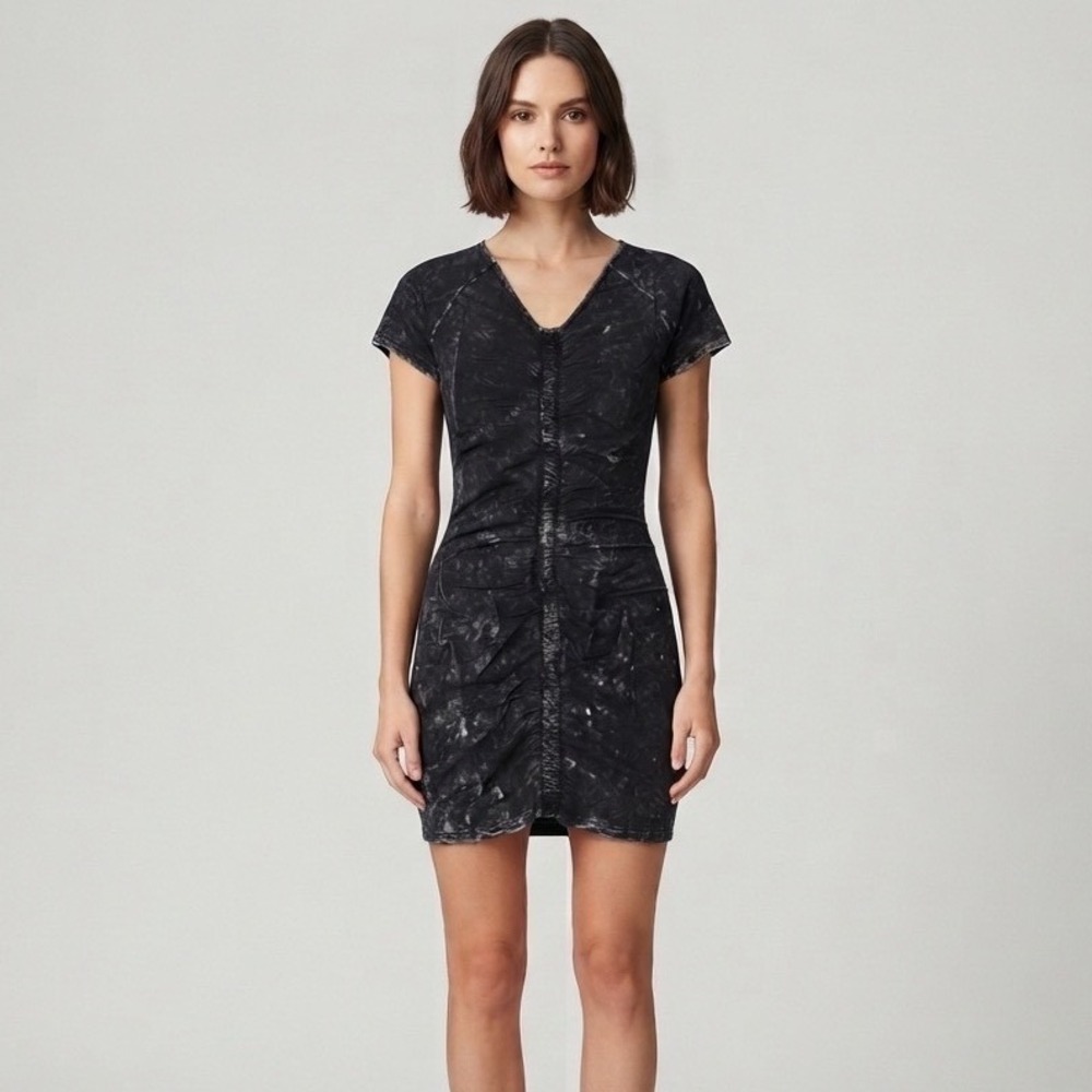 Women Black Acid Wash Ruched V-Neck Mini Dress Rayon